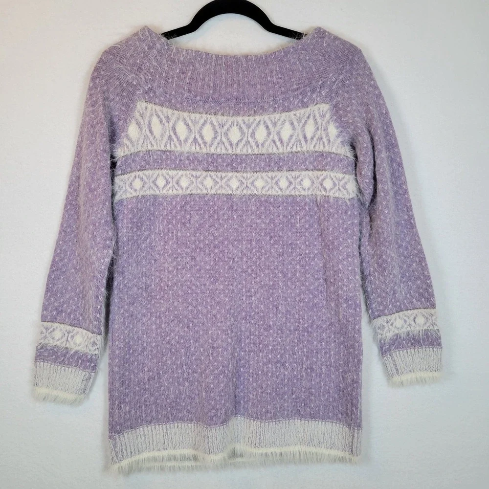 Sleeping on Snow Womens Fair Isle Knit Wool Eyelash Sweater Size Small Purple - Picture 6 of 11